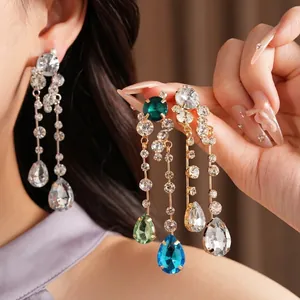 High-end silver needle teardrop rhinestone tassel earrings with a sparkling elegant design