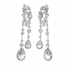 Luxury silver needle drop earrings with sparkling round and pear-shaped crystals