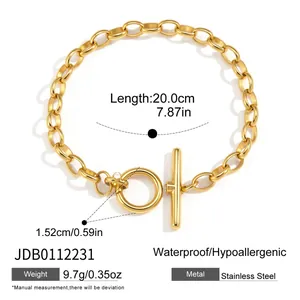 Detail of gold stainless steel toggle bracelet with length and weight specifications