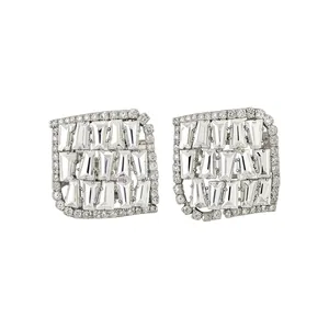 Elegant silver stud earrings with sparkling baguette-cut zircons in a textured square frame