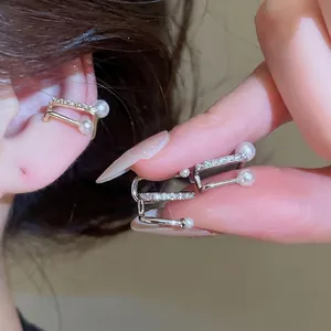 Geometric Hollow Copper Artificial Pearl Rhinestone Ear Cuff Non Piercing Clip On Earrings For Women Gold Silver Fashion Jewelry