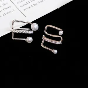 Geometric silver ear cuffs with white pearls and sparkling cubic zirconia stones