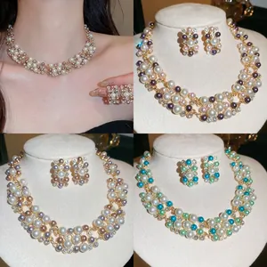 French Vintage Artificial Pearl Rhinestone Jewelry Set For Women Elegant Beaded Necklace And Earrings Wedding Party Gift