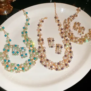 Elegant French vintage style pearl necklace and earring jewelry set with sparkling rhinestones