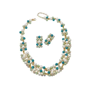 Elegant vintage faux pearl and rhinestone necklace and earrings jewelry set for women