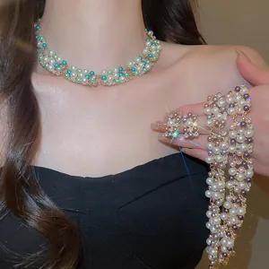 Exquisite French vintage multi-strand pearl necklace and earring set with sparkling rhinestones