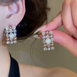 French vintage rectangular earrings with multi-colored pearls and sparkling rhinestones detail