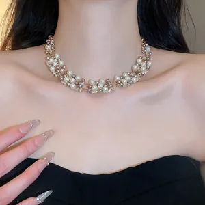 Elegant French vintage pearl and rhinestone necklace for sophisticated women