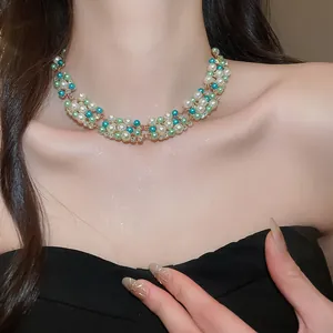 French vintage choker necklace with multi-color pearls and sparkling rhinestones for women