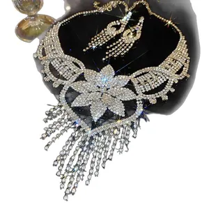 Elegant silver rhinestone floral necklace and long fringe tassel earrings jewelry set