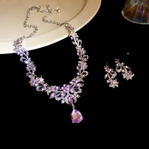 Elegant purple water drop pendant necklace and earrings jewelry set for women