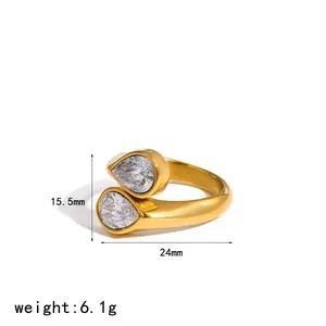 Anello bypass in acciaio inossidabile dorato con due cristalli a forma di pera, peso 6,1 g