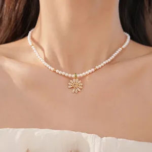18 Karat Echgold Vergoldet Kupfer Zirkonia Blume Anhänger Halskette Perlen Künstliche Perle Schlüsselbein Kette Für Damen Mode Schmuck Elegantes Geschenk