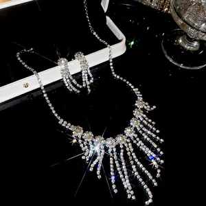 Silver rhinestone fringe necklace and earring jewelry set for elegant evening wear
