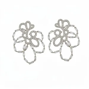 Elegant 18k gold plated hollow flower stud earrings with sparkling cubic zirconia stones