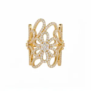 Elegant 18K gold plated hollow flower open ring with micro-pavé zircon stones for women