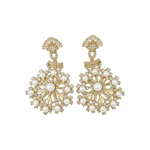 Elegant French vintage gold plated earrings with zircon snowflakes and white pearls decor