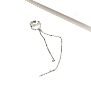 Elegant silver double-layer ear cuff with shiny zircons and a long dangling chain detail