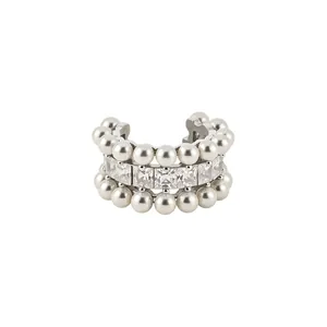 Elegant ear cuff featuring double rows of white pearls and square-cut cubic zirconia stones
