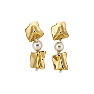 Modern minimalist irregular gold geometric earrings with elegant white pearls for women
