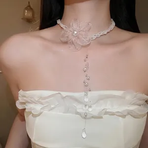 Elegant chiffon flower pearl choker necklace with long bead tassel for stylish women