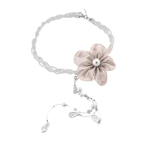 Elegant multi-strand white pearl choker necklace with pink chiffon flower and crystal tassels