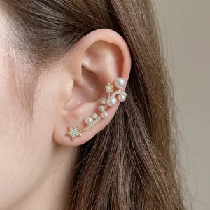 Boucles d'Oreilles Clous et Clips Intégrés en Alliage avec Perle Artificielle et Étoile Avec Tige en Argent Sterling 925 Bijoux Strass