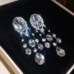 Sparkly oval and teardrop crystal tassel clip-on earrings for women without piercings