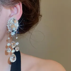 Sparkling crystal teardrop fringe clip-on earrings for women with a high-end look