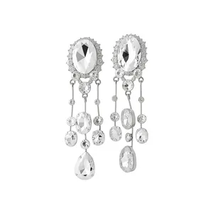 Sparkly oval crystal teardrop tassel clip-on earrings for non-pierced ears