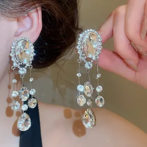 Elegant silver drop earrings featuring sparkling oval and teardrop crystals in a tassel design