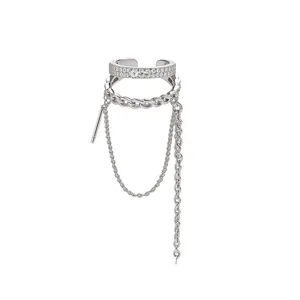 Double-layered silver ear cuff with sparkling zirconia and long chain tassels