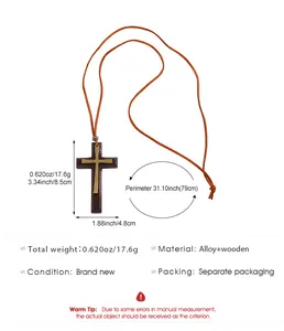Detail view of large wooden cross necklace with alloy inlay showing 8.5x4.8cm dimensions
