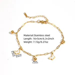 Detail view of gold stainless steel butterfly anklet with dimension markers and specs