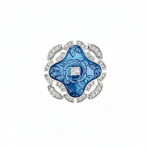 Elegant blue enamel flower ring with sparkling rhinestones in a vintage premium style.