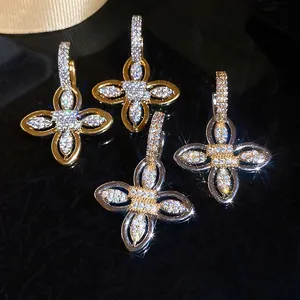 18K Gold Plated Copper Zirconia Flower Stud Earrings Vintage Palace Style Luxury Floral Hoop Huggie Earrings For Women Jewelry