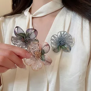 Vintage European Crystal Beaded Flower Brooch Copper Wire Embroidery Fashion Accessory For Women Dress Coat Pin Jewelry
