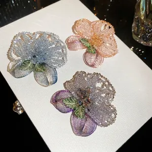 Retro crystal beaded flower brooches with handmade embroidery wire details for jewelry