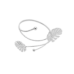 Silver tone monstera leaf spiral upper arm cuff bracelet with minimalist aesthetic design