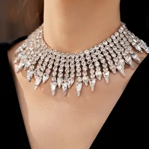 Exaggerated Zirconia Tassel Necklace Copper Inlaid Round Teardrop Stitching Pendant Necklace For Women Party Jewelry