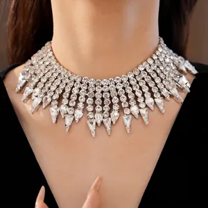 Luxurious rhinestone fringe choker necklace with teardrop and geometric crystal tassels