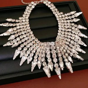 Exaggerated rhinestone fringe statement necklace for women featuring sparkling crystal drops