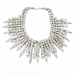 Statement rhinestone fringe necklace featuring clear crystal spikes in a silver-tone finish