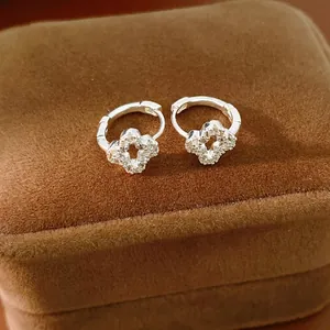 Fashion Copper Rhinestone Hollow Clover Hoop Earrings For Women Minimalist Geometric Floral Ear Buckle Jewelry Accessories