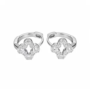 Elegant silver four-leaf clover flower hoop earrings with sparkling zircon stones for women