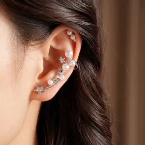 Star pearl ear cuff with zircon accents for non-pierced ears, elegant women's jewelry