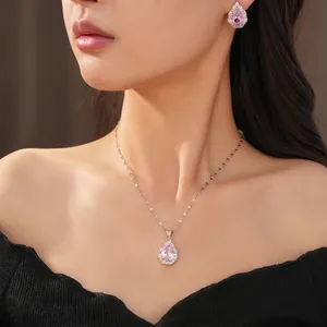 Elegant teardrop pink zircon jewelry set with necklace and earrings for women.