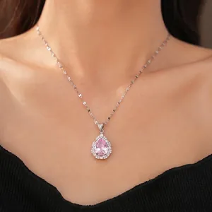 Elegant palace style necklace with pink teardrop zircon pendant and silver chain for women