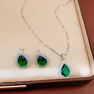 Elegant water drop emerald green zircon jewelry set featuring a necklace and earrings