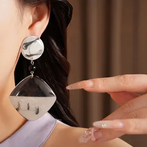 Large square resin drop earrings with black and white marbled ink-wash effect for women